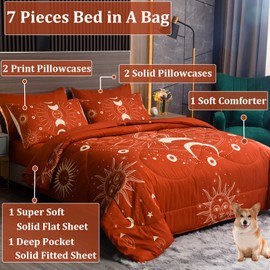 INTOMENG Celestial Bedding Burnt Orange Comforter Set Sun and Moon Comforter Set 7 Pieces Lightweight Rust Celestial Bedding Comforter Set with Sheets and Pillowcases Super Soft Queen