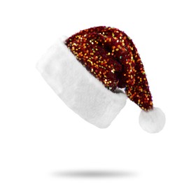 BELISHMIE Golden Sparkling Sequin Santa Hat for Adults Christmas Holiday Party, Plush Fur Trim, Festival Headwear-Wine Red