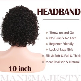 ManeMajesty Headband Wig Deep Curly Wear and Go Glueless Wigs Human Hair for Black Women Machine Made None Lace Front Short Bob Wigs 10A 180% Density Headband Wig Natural Black (10 Inch)