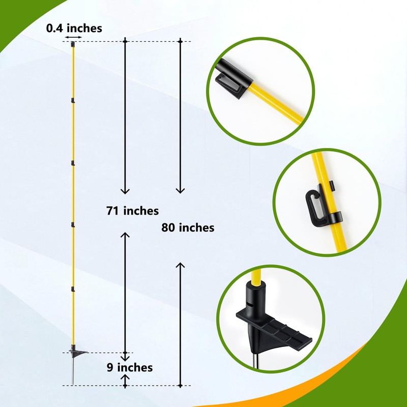 80 Inches Electric Fence Posts Fiberglass Step-in 20 Pack, Temporary