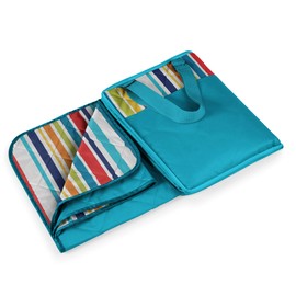 ONIVA - a Picnic Time brand - Vista Outdoor Picnic Blanket & Tote - Beach Blanket - Camping Blanket, (Fun Stripe Pattern with Aqua Blue Exterior), 16 x 11 x 3
