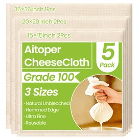 5Pcs Reusable Cheese Cloths, Grade 100, (15x15Inch x2 + 20x20Inch x2 + 36x36Inch), 100% Unbleached Cotton, Ultra Fine Mesh for Cooking, Straining, Crafts,Baking, Hemmed Edges