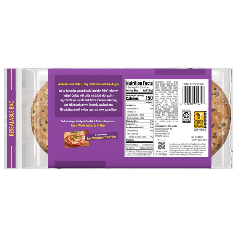 Arnold Sandwich Thins Multigrain Rolls, 6 count, (2 oz each),