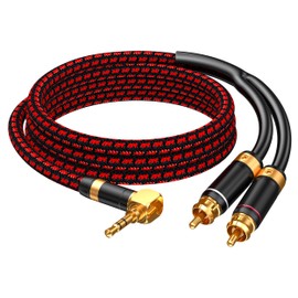 Primeda 3.5mm to 2 RCA Audiophile Audio Cable Stereo Braided Gold Plated Oxgen-Free Copper Core for Smartphones Tablets Speakers Home Theater (Right Angle 3.5mm, 9.8FT)