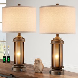 AIEAMPDO Set of 2 Farmhouse Table Lamps for Living Room, Rustic Vintage Bedside Lamps with 2 USB Ports, Bedroom Nightstand Lamp with Amber Glass Nightlight for End Table Entryway, 4 Bulbs Includes