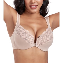 DotVol Front Closure Bras for Women Full Figure Plus Size Underwire Support Lace Racerback Wide Strap(Beige,44DD)