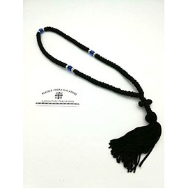 Blessed Handmade 100 Knots Prayer Rope Greek Russian Komboskoini Christian Orthodox Black With Blue Beads from Mt Athos Fragrance With Holy (Chrism- Myrrh)