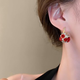 Vintage Rose Flower Hoop Earrings for Women Girls Diamond Crystal Blossoms Floral Cuffs Huggie Hoops Statement Earrings Wedding Earrings Christmas Jewelry Gifts 14K Gold Plated (Red)