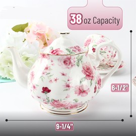 BTaT- Floral Tea Pot with Gift Box, 38 oz, White with Pink Roses & Gold Trim, Porcelain Teapot Ceramic, Dishwasher Safe