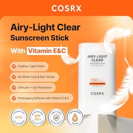 COSRX Airy-Light Clear Sunscreen Stick with Vitamin E&C SPF 50, 0.67 oz, 19g, Korean Suncreen Stick Suncare Sunblock, Lightweight, No White Cast, Wate