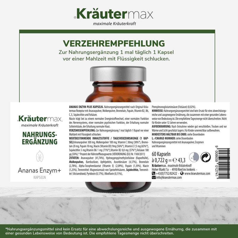 Kräutermax Pineapple Enzyme + Dietary Supplement, 60 Capsules