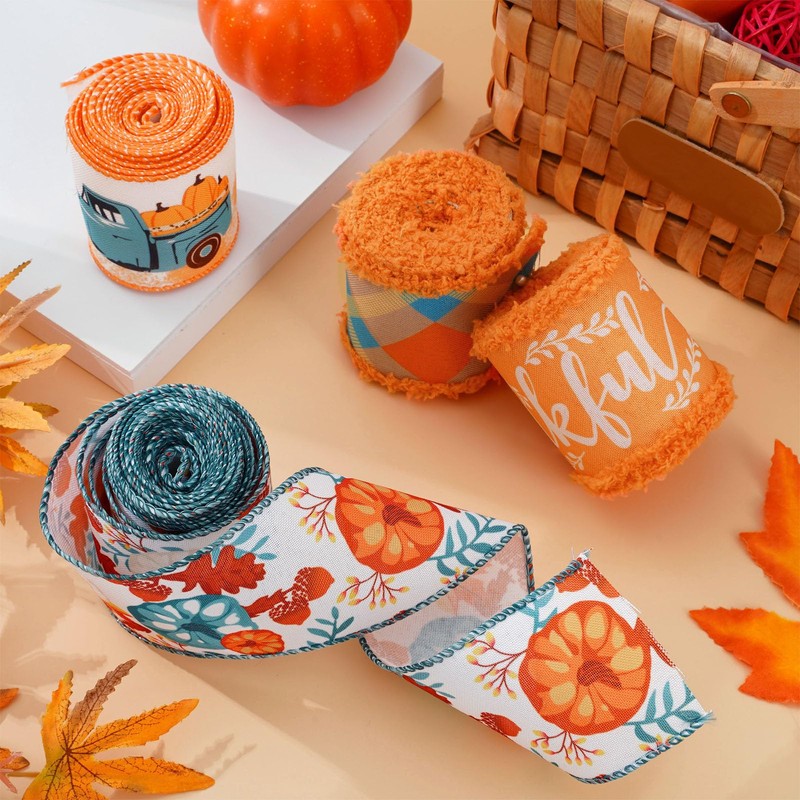 AnyDesign Fall Wired Edge Ribbon 24 Yards Autumn Pumpkin Truck
