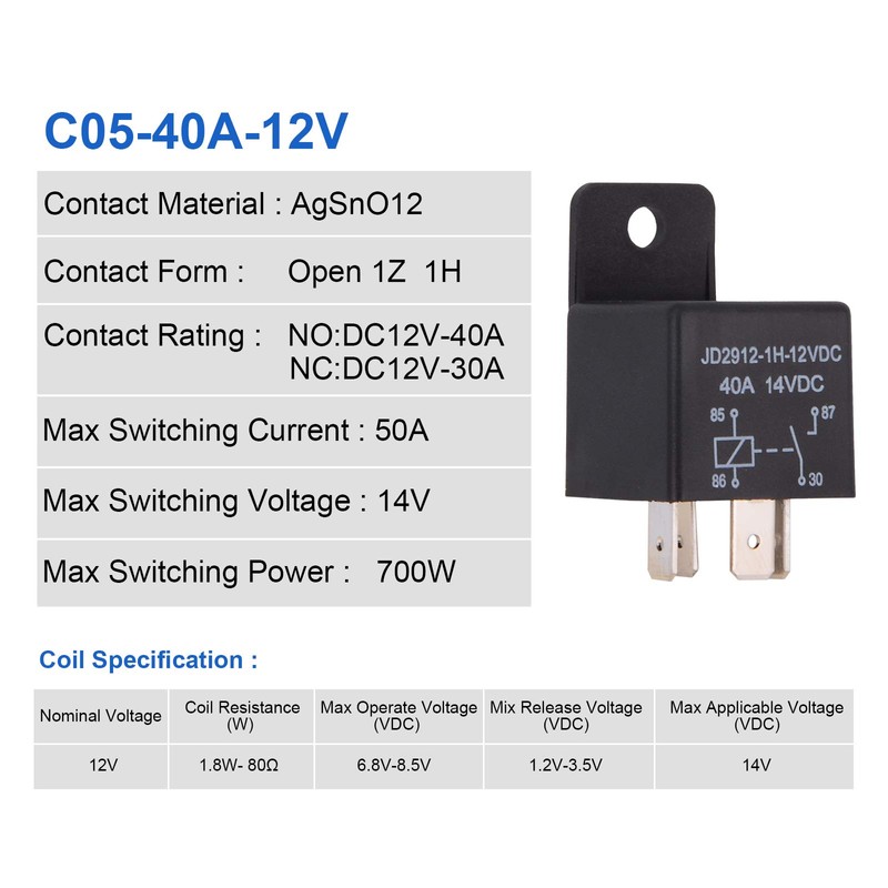 EHDIS Car Relay 4 Pin 12v 40amp Spst Model No.: