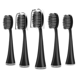 Replacement Toothbrush Heads for Burst Sonic Toothbrush with Dust Cover Caps, Soft Charcoal Bristles for Deep Clean, Black, Pack of 5
