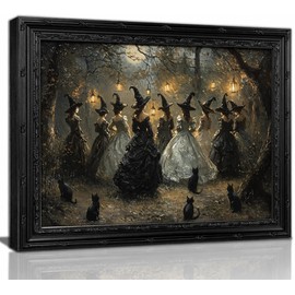 DULASI Framed Witch Wall Art, Moonlit Forest Witch Gathering Painting