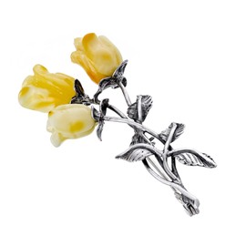 Baltic Amber Sterling Silver Milky Yellow Rose Brooch Gift for Her, Sterling Silver, Amber
