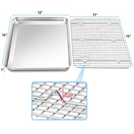 TeamFar Baking Sheet with Rack, 16 x 12 x 1 Inch Stainless Steel Cookie Baking Pan Tray with Grid Rack for Baking Roasting Cooling, Healthy & Heavy-Duty, Oven & Dishwasher Safe
