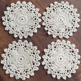 gracebuy Pack of 4PCS Beige 4 Inch Round Handmade Crochet Lace Placemats Coasters