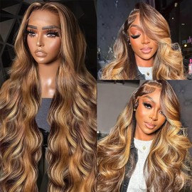 Body Wave Lace Front Wigs Human Hair Pre Plucked Pre Cut 26inch Ombre Honey Blonde Mixed Brown 13x4 HD Invisible Lace Front Wigs 4/27 Highlight Glueless Wig Human Hair for Black Women 180% Density