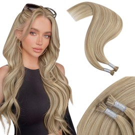 Moresoo Itip Hair Extensions Human Hair Highlight Golden Blonde with Ash Blonde I Tips Hair Extensions Human Hair for Wedding Soft Straight 0.8G/S 50S 18Inch