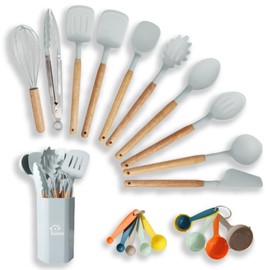 Bebiger Kitchen Cooking Utensils Set, 19 pcs Non-Stick Silicone Cooking Kitchen Utensils Spatula Set with Holder, Wooden Handle Silicone Kitchen Gadgets Utensil Set, Grey