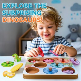 EDUJOY Wooden Dinosaur Puzzles for Toddlers 1-3, Montessori Toys for 1 2 Year Old Boy Birthday Gifts, Dinosaur Matching Eggs Peg Puzzles for Toddlers Age 2-4, Preschool Learning Activities for Girls