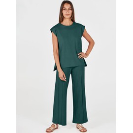 ANRABESS Women 2 Piece Lounge Sets Summer Casual Knit Sweater Vest Pant Set Beach Vacation Airport Outfits Clothes Dark Green Large