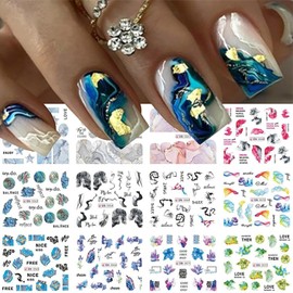 12 Sheets Marble Nail Art Stickers Decals 3D Colorful Marble Nail Decals Water Transfer Irregular Wave Line Painting Geometry Abstract Nail Stickers Decals Designs for Women Girls Acrylic Nails DIY