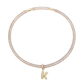 sineed Bubble Letter Necklace Gold Tennis Necklaces for Women 14K Gold Plated Cubic Zirconia Chunky Custom Name Necklace Gold Jewelry for Women (K)