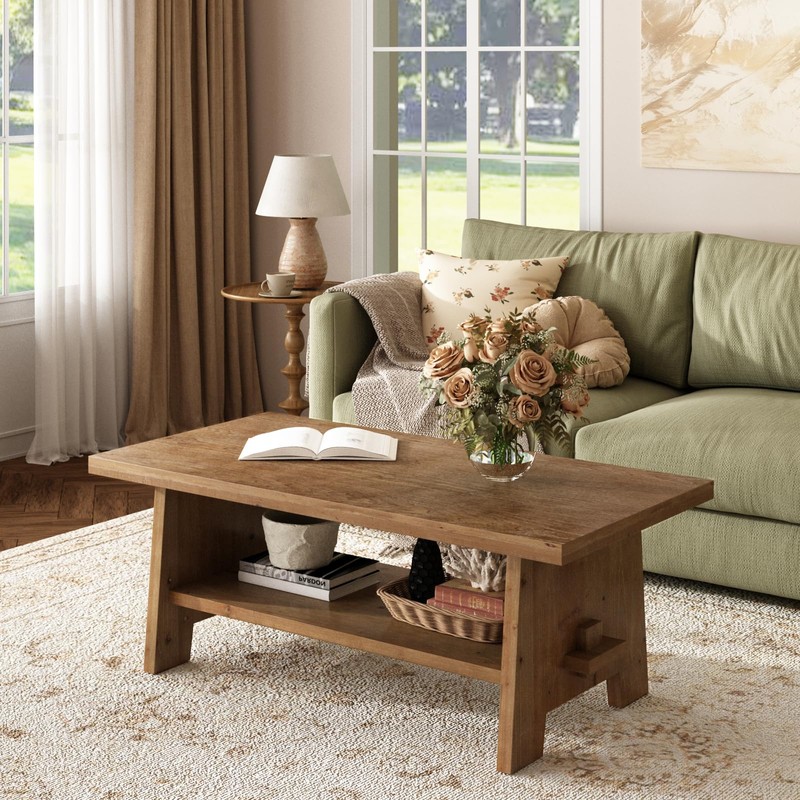 WINWY Farmhouse Wood Coffee Table - 43.4" Rectangle Coffee Table