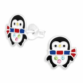 Monkimau Penguin with Scarf Stud Earrings Made of 925 Silver Jewellery Silver Earrings Medical for Children Girls Women, Silver
