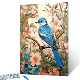 Blue Bird with Floral Plant Background Paint by Numbers Kits 16x20 inch Canvas Romantic DIY Oil Painting for Kids, Students, Adults Beginner with Brushes Acrylic Pigment Drawings Gift(without Frame)