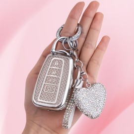 Meruns for Toyota key fob cover with Diamond Bling Keychain, Car Accessories Key holder Shell Full Protection for 2018-2024 Highlander RAV4 Camry Avalon C-HR Corolla GT86,Silver Clear