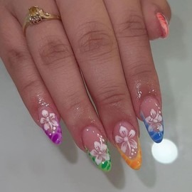 Flower Press on Nails Medium Almond Fake Nails with Floral Design Spring False Nails Colorful French Tip Nails Press ons Almond Full Cover Glue on Nails Glossy Stick on Nails for Women Manicure 24Pcs