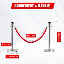 EcoExoplorer 6 PCS Stainless Steel Stanchion Post Queue 5 FT Velvet Carpet Ropes and Pole Crowd Control Barriers Grand Opening Casino Theme Party Decorations, Silver