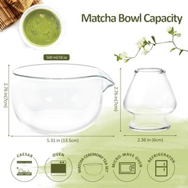 CAMATET Matcha Bowl and Whisk Holder Set, Glass Matcha Bowl with Spout, Ceremonial Mixing Chawan, Clear Traditional Japanese Matcha Kit for Tea/Matcha Powder/Soup - Hammer Pattern