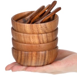 4 Pack Acacia Wooden Bowl with 4 Pcs Spoon 2.5 oz Wooden Dipping Bowls Round Wood Salad Hand Carved Calabash Dip Tray for Condiments, Jam, Nuts, Appetizer, Snack, Yogurt, Ketchup, Barbecue (3.9 Inch)