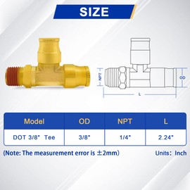Daptemn DOT Brass Air Line Fittings, 3PCS 3/8" OD Tube 1/4" Side NPT Brass Tee Union Push to Quick Connect Air Hose Fittings