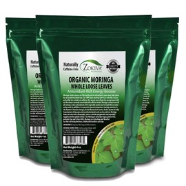 Zokiva Nutritionals - Moringa Leaves 4 oz x 3-Pack Organic Loose Dried Moringa Leaf Tea - Drumstick Leaves - A Natural Caffeine - Free Source for Vitamins, Minerals & Antioxidants - In Zip Lock Pouch