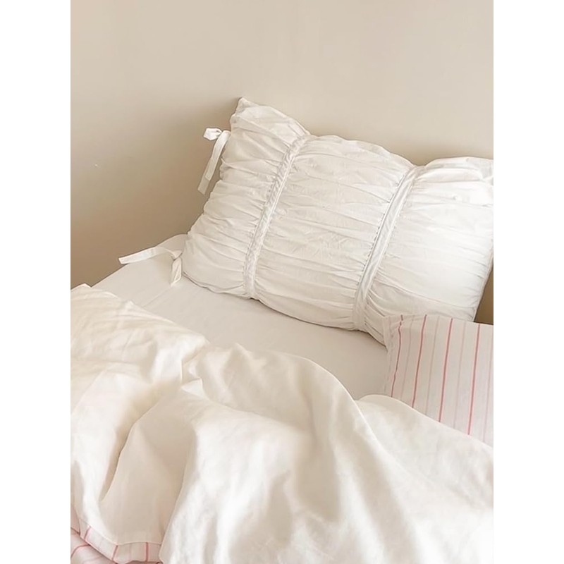 Pure Cotton Pillow Cases With Bow Sham White Pinch Pleated