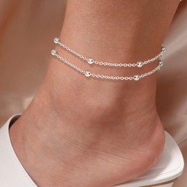 Gokeey Silver Ankles for Women, Sterling Silver Anklet Bracelets for Women Waterproof Double Beaded Chain Ankle Bracelet Beach Jewelry