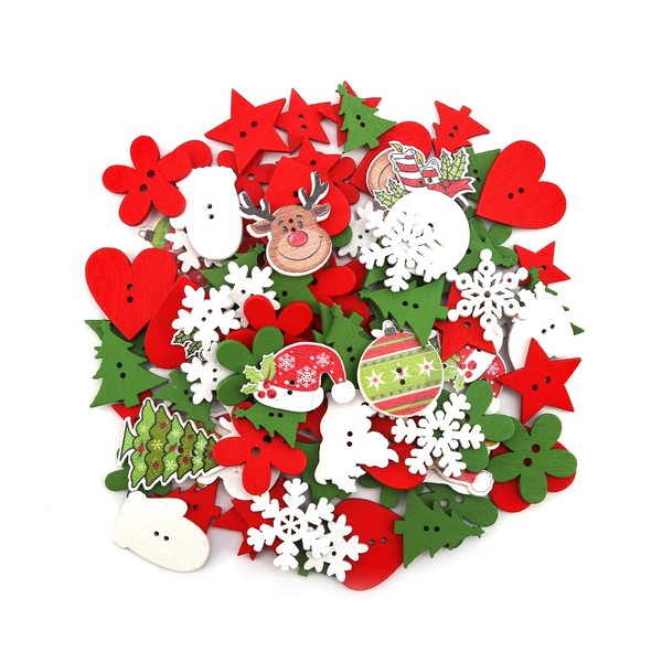 SAVITA 100Pcs Christmas Wooden Buttons, Xmas Sewing Buttons Flatback Buttons