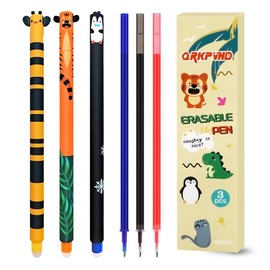 Set of 3 Erasable Gel Pens + 3 Black Refills, with Thermosensitive Erasing Ink, Kawaii Assorted Animal Motifs, Multi-Colour, Temperature Sensitive, 0.7mm Tip (White)