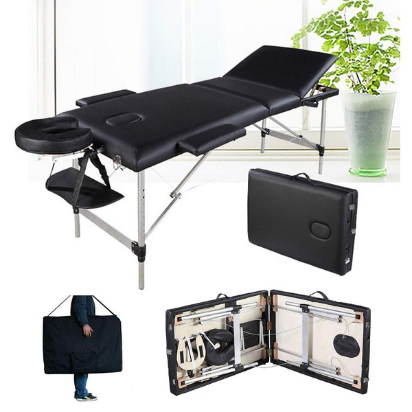Folding Massage Table Couch Bed Professional Beauty Tattoo Spa Reiki Portable 3 Section Adjustable Height Headrest Aluminum Feet Comes with Carrying Bag - Black