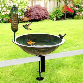 Qipade 13" Deck Mount Bird Bath Feeding Bowl with Butterfly Shape, 2-in-1 Outdoor Metal Bird Bath Removable Garden Backyard Patio and Deck Bird Bath, 3.1" Thick Iron Clamp, Pure Metal