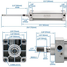 Baomain Pneumatic Air Cylinder SC 63 x 300 Pneumatic Air Cylinder,PT 3/8, Bore 2 1/2 inch(63mm), Stroke 12 inch(300mm), Screwed Piston Rod Dual Action 1 Mpa,for Manufacturing