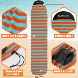SUN CUBE Surfboard Sock Cover, Protective Surf Bag for Surfing Board, Light Stretchy Surfbag Sleeve for Funboard, Hybrid (8'0'', Black White)