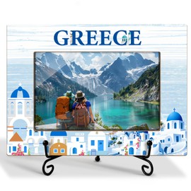 Zgogy Wooden Greece Travel Picture Photo Frame With Iron Stand, Photo Gifts For Women Men Couples, Gifts For Birthday Honeymoon Vacation, Insert 4 * 6 Picture Blue Horizontal -78