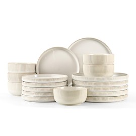 Frewinky Stoneware Dinnerware Sets for 6,18 Piece Kitchen Plates and Bowls Set,Reactive Glaze Porcelain Dinnerware Sets Scratch Resistant,Dishwasher and Microwave Safe,Vintage White