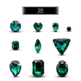 TANOSII Sew on Rhinestones 100 PCS Mixed Shapes Glass Rhinestones Sew on Crystal Gems Mental Flatback with Silver Claw for Jewelry Crafts Clothes Shoes Costume Garment Malachite Green